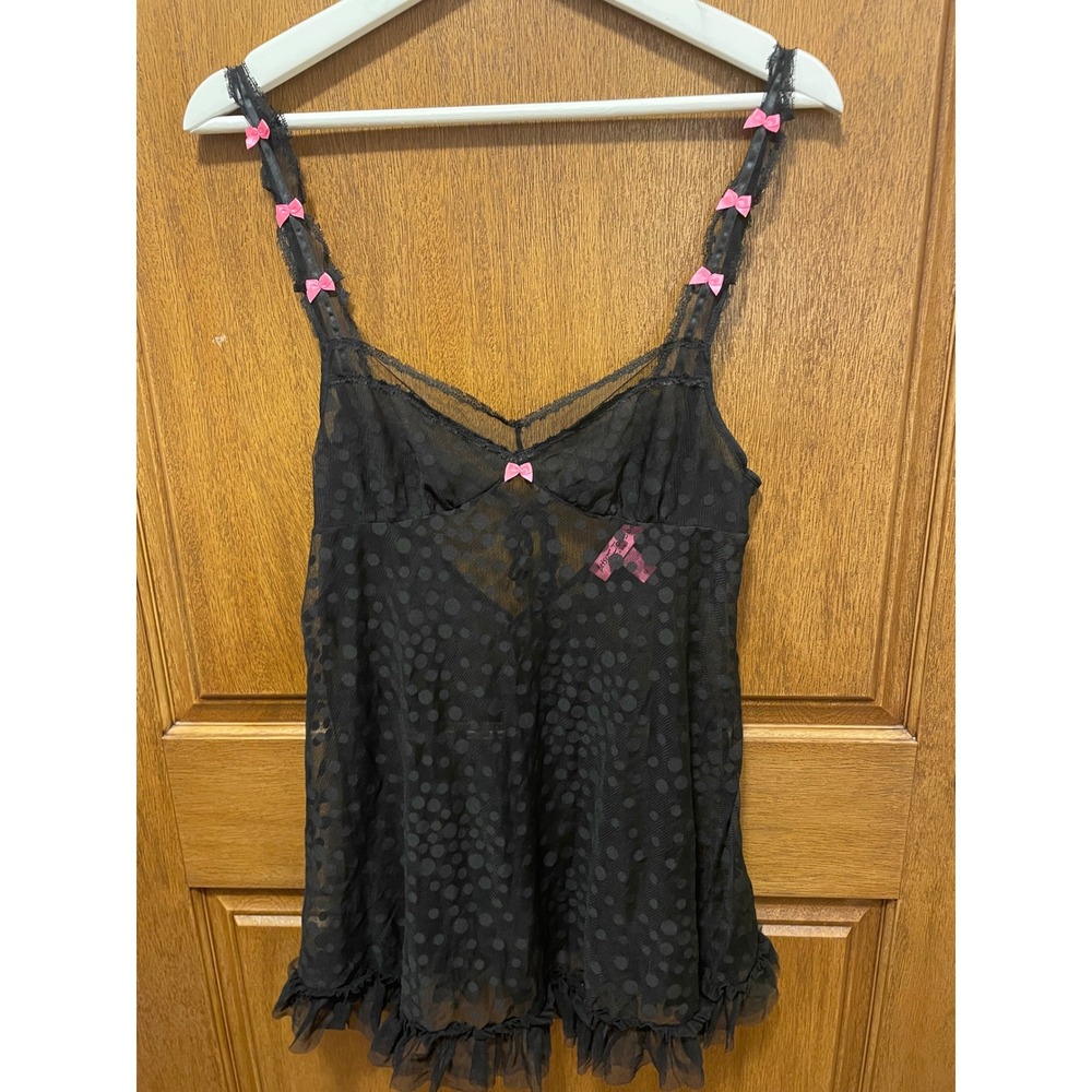 Betsey Johnson Intimates Black Polka Dot Mesh Babydoll Top Pink Bows Medium